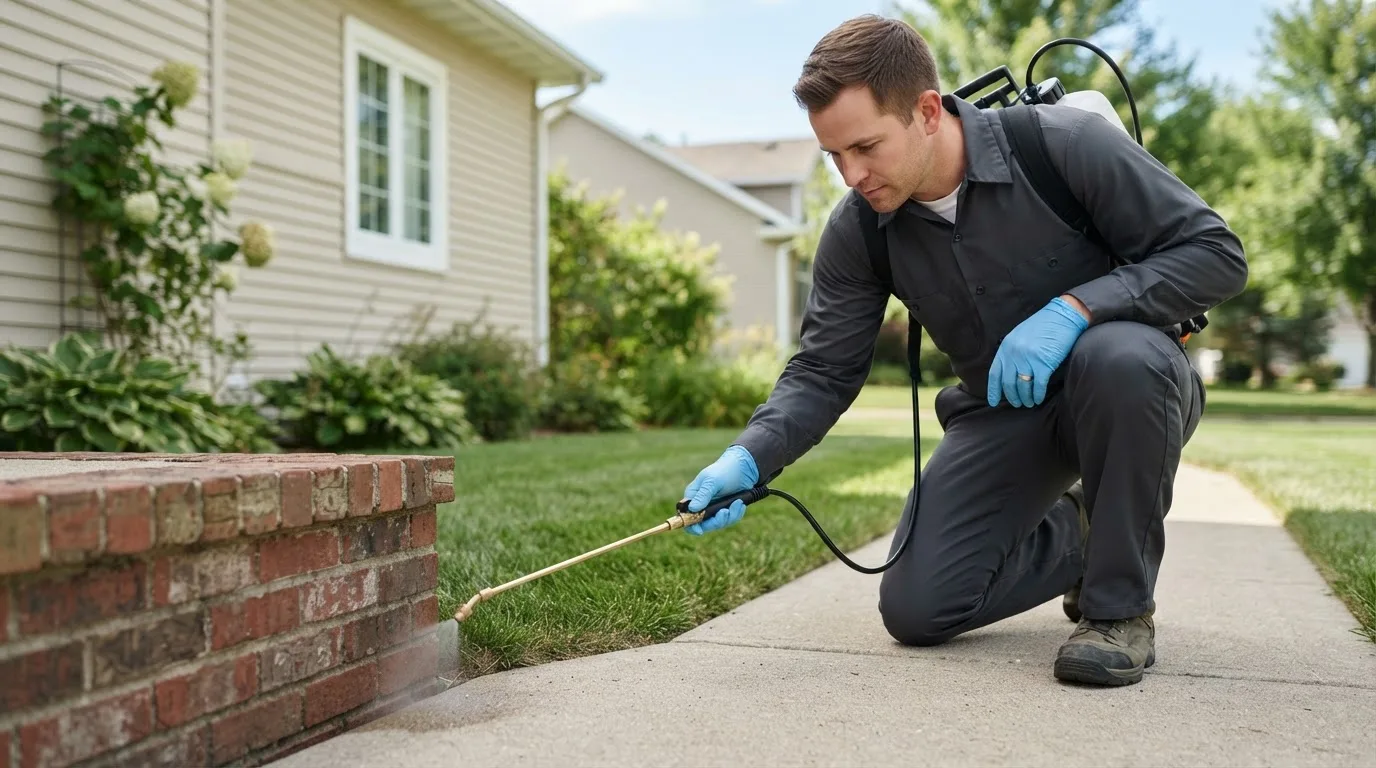 Pest control technician treating a home near Kamas, UT